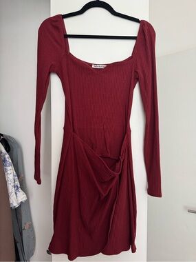 Reformation Cleona Ribbed Long-Sleeve Wrap Dress in Berry Red